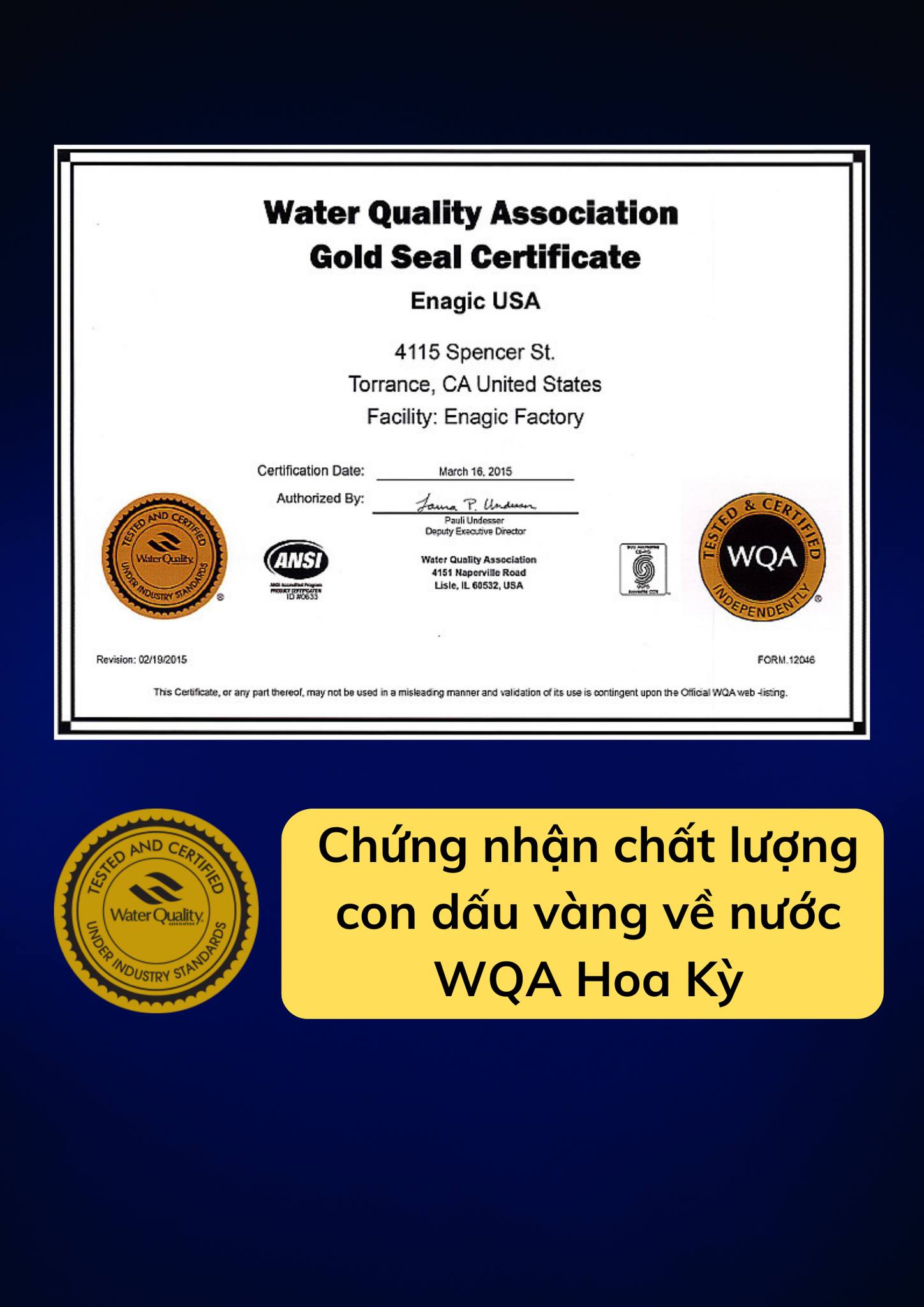 Chứng nhận chất lượng con dấu vàng về nước WQA Hoa Kỳ - Kangen Chính Hãng